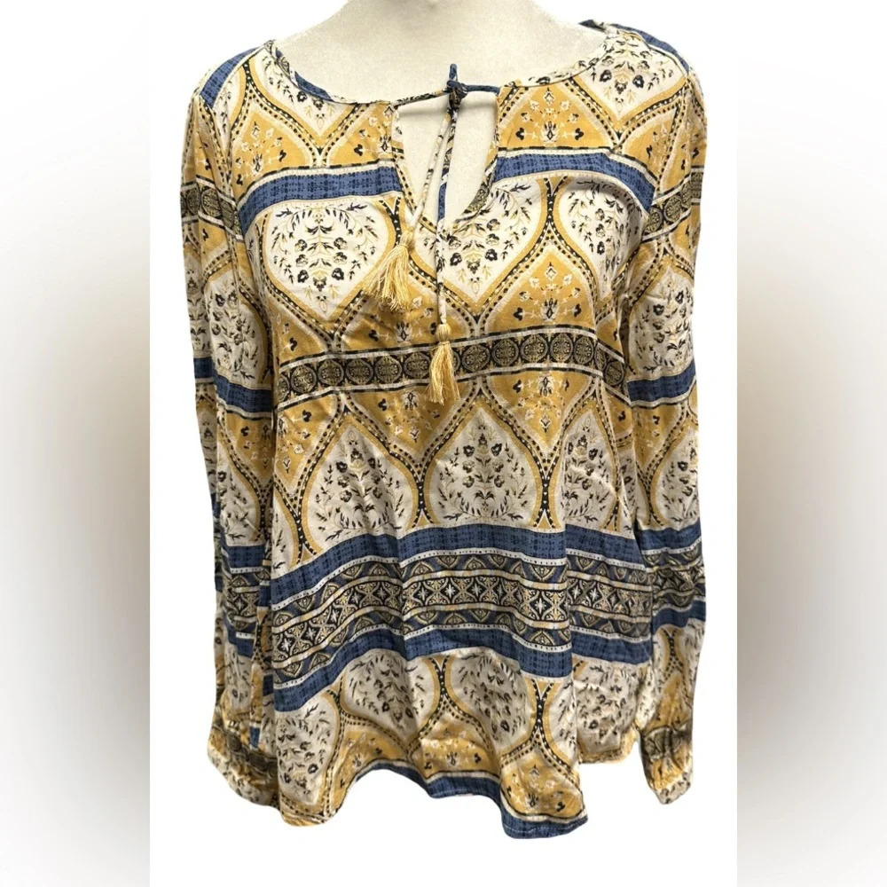 Roxy Blue Yellow Boho Blouse Long Sleeve Tassel  Size Small